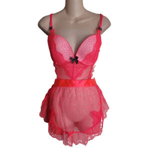 Victoria's Secret Sexy Neon Pink Ruffle and Satin Lace Apron lingerie Size 36D